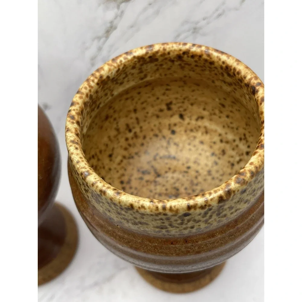 2 Vintage Art Pottery Goblet Chalice Wine Glass Stoneware Speckled Glaze 5.25